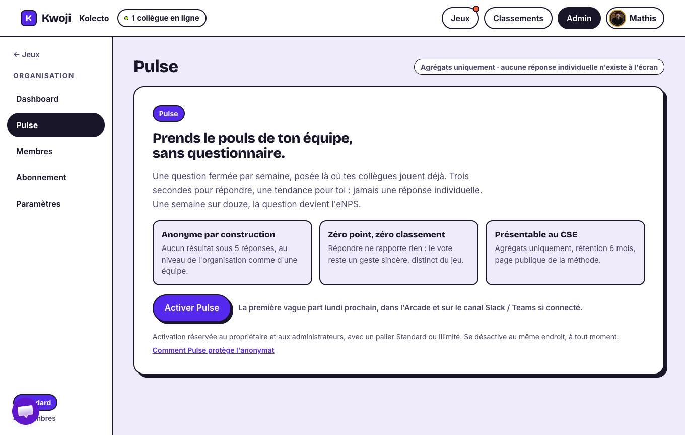L'écran d'activation de Kwoji Pulse côté administrateur